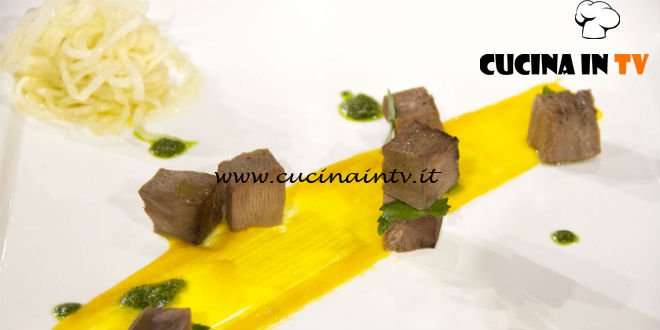 Masterchef 6 | Lingua di maiale con salsa verde daikon e vellutata di zucca piccante ricetta Marco Vandoni