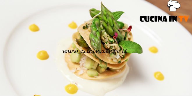 Masterchef 6 | Millefoglie di asparagi cocco e maionese vegana su letto di crema di carote al vapore ricetta Loredana Martori